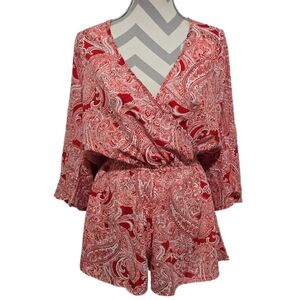 Elan Red White Paisley Print Romper - Boho Surplice Wrap Front Size Medium